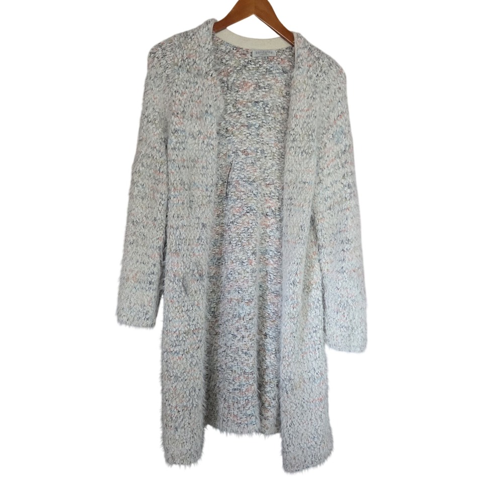 Solitaire Cardigan Women Medium Multi Eyelash Knit Open Front Longline 17-141A